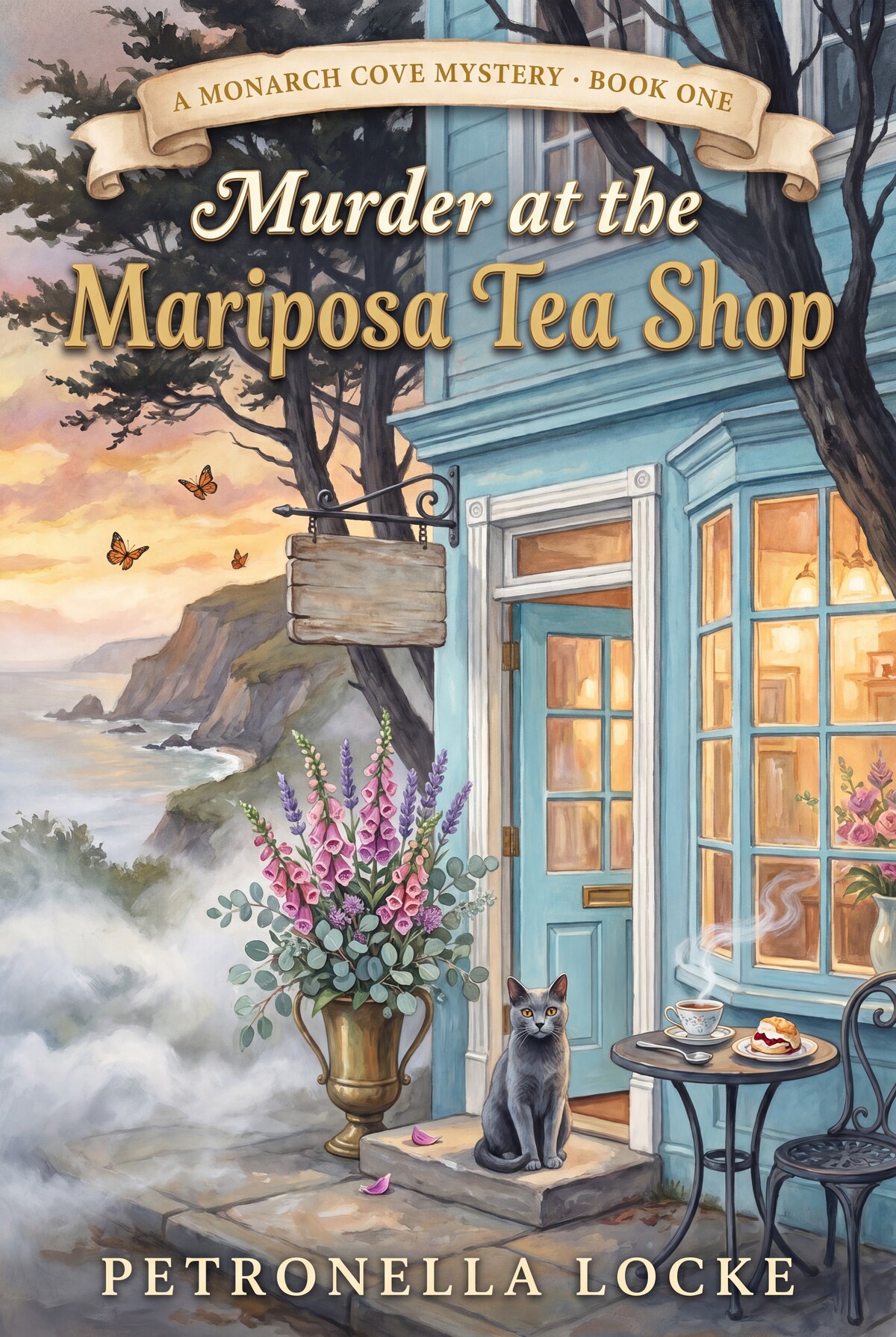 Murder at the Mariposa Tea Shop cover — cozy culinary mystery by Petronella Locke